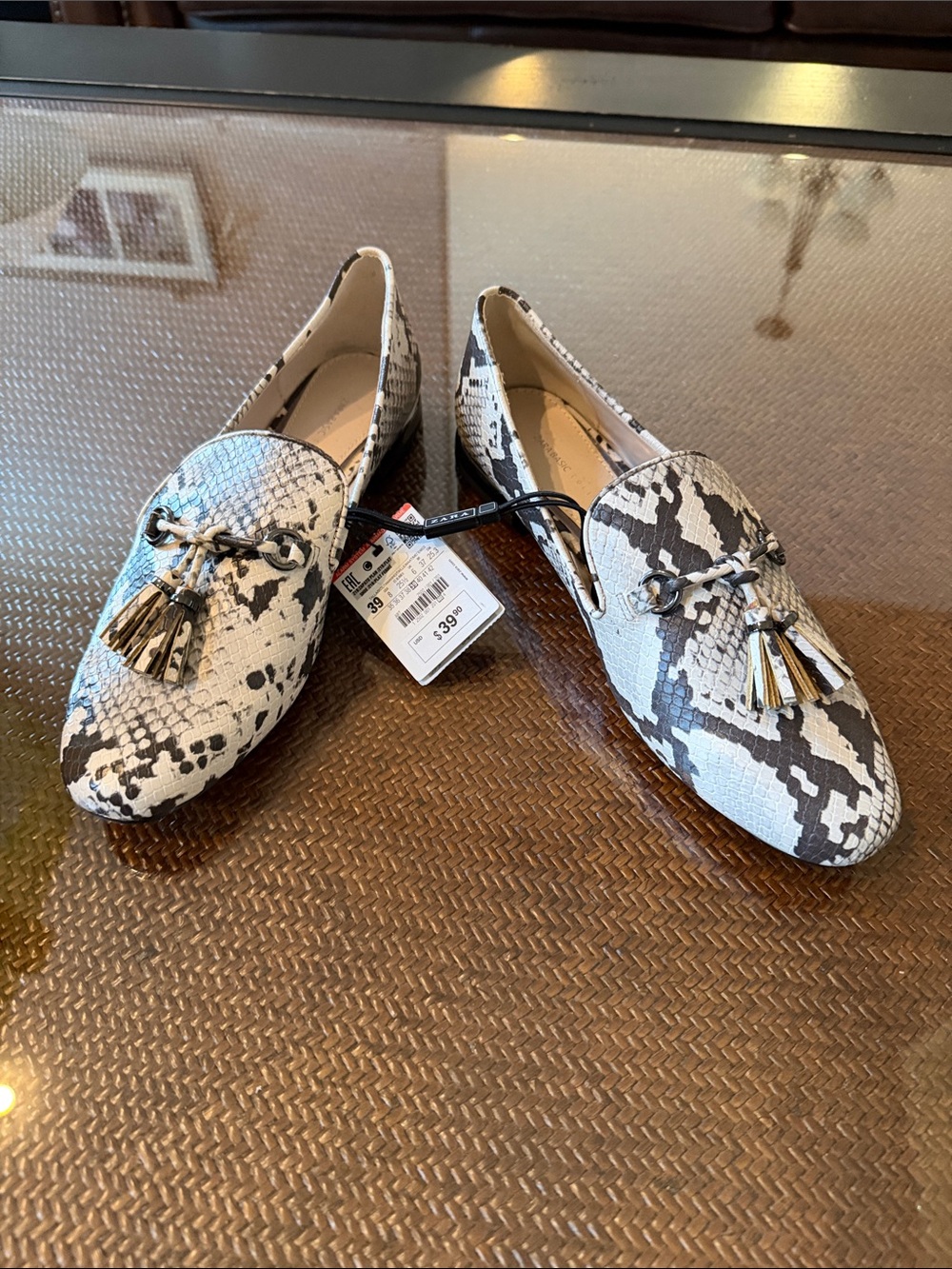 Zara Snake-Print Tassel Loafers in White and Black